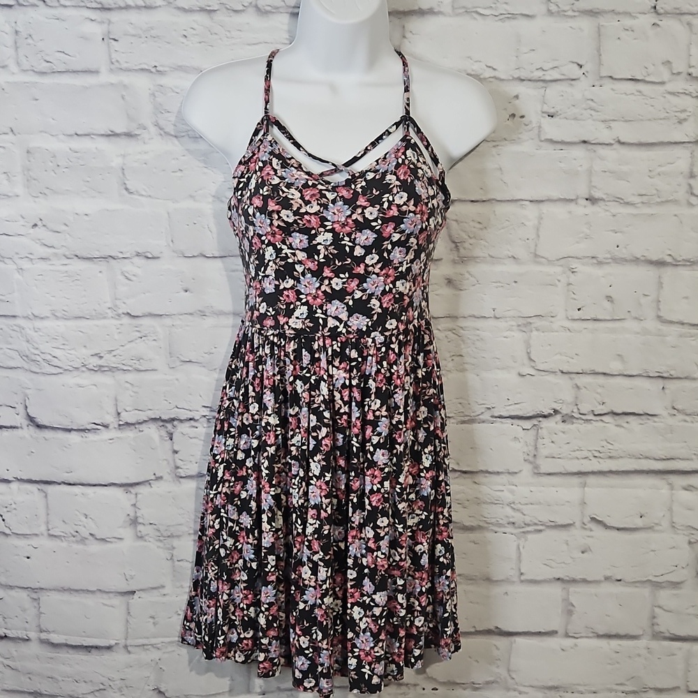 American Eagle Outfitters Black Floral Mini Dress with Pink and White Flowers